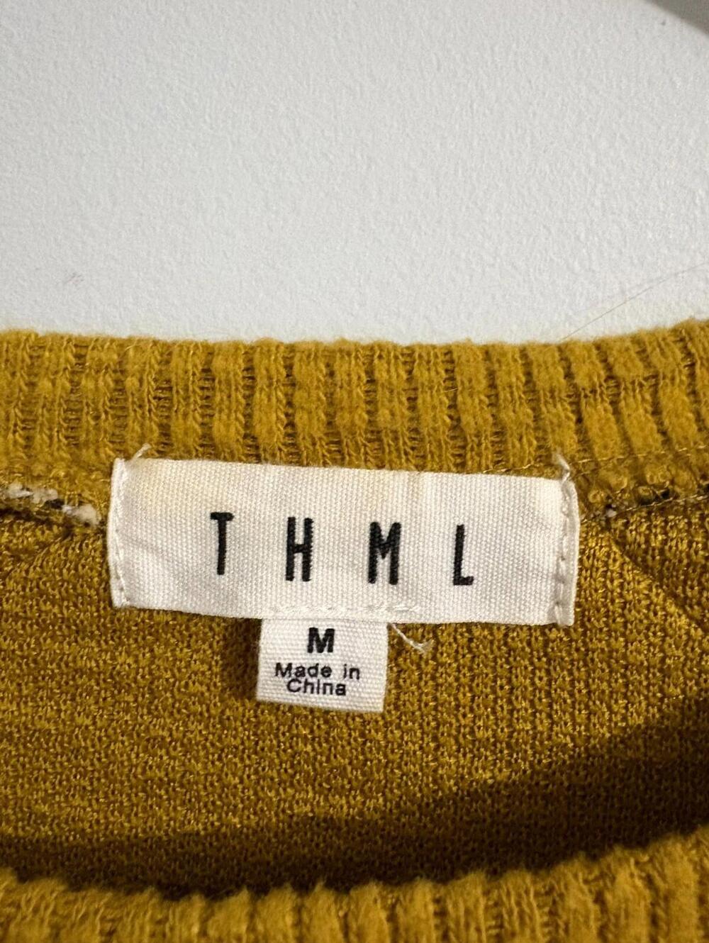 THML Ribbed Top Mustard Yellow Medium Patchwork Sleeves Decorative Trim Boho - Picture 3 of 8